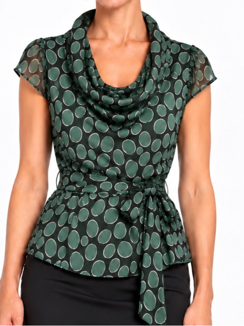 Vintage Odille for Anthropologie Cowl Neck Silk Blouse Black / Green Size 8